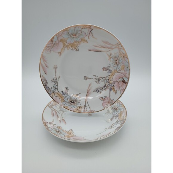 Yurong Fine Porcelain Pink And Blue Shallow Bowls Gold Trim Set Of 2 - Picture 1 of 7